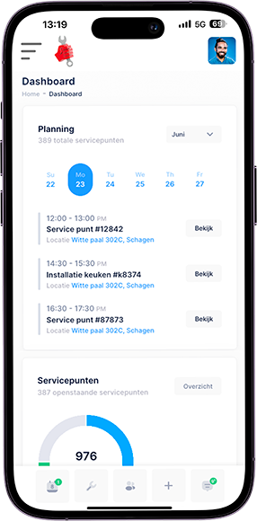 Mobiel overzicht wat een monteur komt te zien.